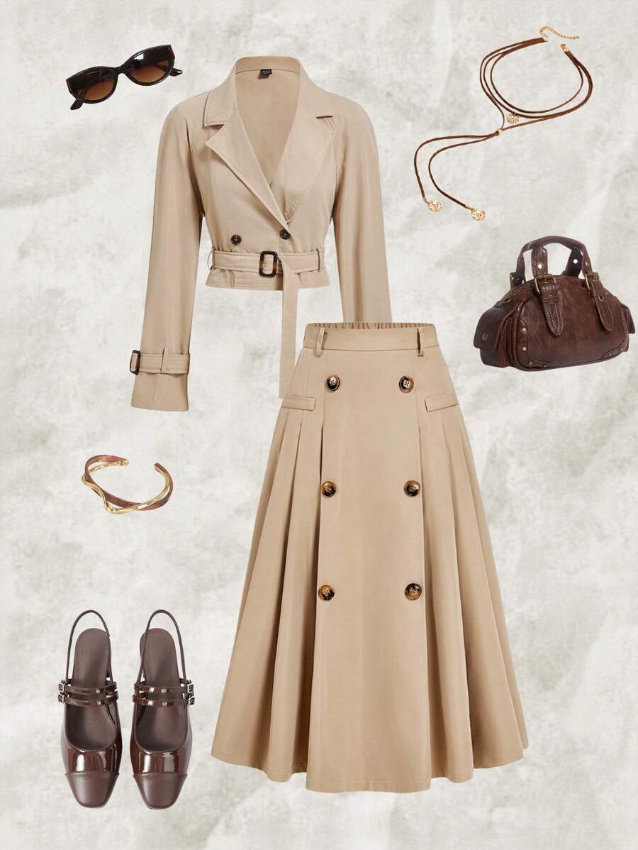 SHEIN MOD Váy kaki cạp cao xếp ly hai hàng khuy thường ngày dành cho nữ - Màu Khaki - Xem 1