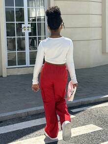 青少年女孩基本款休闲针织圆领长袖上衣和编织直筒裤套装 - 彩色 - 查看 2