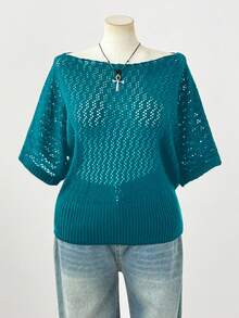 Sunspun 大码女式时尚优雅深色 Y2K 风格短袖针织上衣，适合春夏秋装，适合通勤 - 水鴨藍 - 查看 3