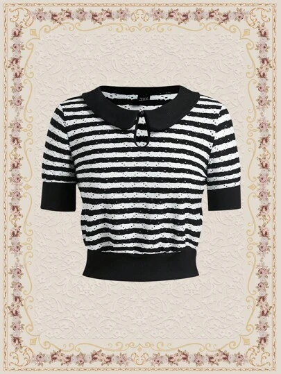 Vintamour Vintage Elegant Women's Striped Polo Tee, Summer Short Sleeve Fitted T-Shirt Back To School Bachelorette Outfitsteacher T Shirt Going Out Outfits Collared Women Shirt Striped Top Preppy Women's Clothing Collar Women Tops Women Polo Crop Tops Summer Outfits For Women Church Clothes Women