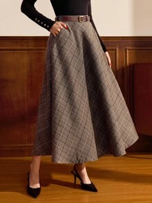 Vintamour 复古优雅女士半身裙，带口袋，格子腰带，休闲度假裙，适合秋季、冬季和圣诞节穿着。 - 棕色 - 查看 1