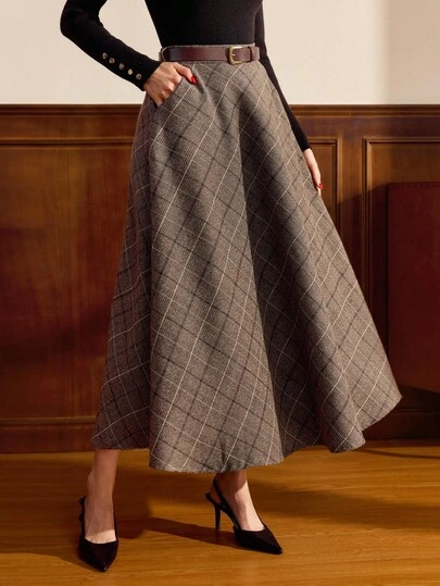 Vintamour 复古优雅女士半身裙，带口袋，格子腰带，休闲度假裙，适合秋季、冬季和圣诞节穿着。