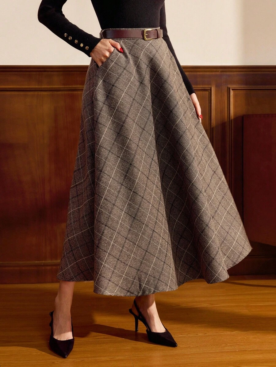 Vintamour 复古优雅女士半身裙，带口袋，格子腰带，休闲度假裙，适合秋季、冬季和圣诞节穿着。 - 棕色 - 查看 1