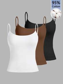 Tseoso 3pcs/Set Women's Slim-Fit Camisole Tops,95% Cotton White And Brown Basic Cami Tops,Casual Summer Fitted Tank Tops,Cute Everyday Versatile Softgirl - Multicolor - View 10