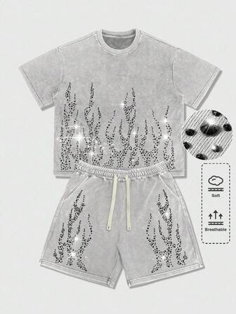 Street Life Men's Rhinestone Flame Print Crew Neck Short Sleeve Casual T-Shirt And Drawstring Waist Shorts Set