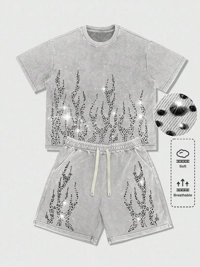 Street Life Ensemble t-shirt casual à col ras-du-cou à manches courtes avec imprimé flamme strass et short à cordon de serrage pour hommes