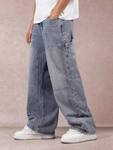 Pantalones vaqueros de pernera ancha y holgada de carpintero SUMWON con múltiples bolsillos para herramientas, pantalones de trabajo clásicos de mezclilla para otoño e invierno, cómodos y casuales de color liso - azul real - Ver 4