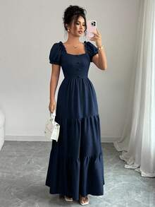 Elenzga 女士优雅长裙，独特领口，多层拼接，荷叶边，修身设计/垂坠/分层/假日装扮/波西米亚风/浪漫花卉/度假休闲 - 藏蓝色 - 查看 6