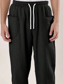 SUMWON 男童褶皱棉质抽绳裤休闲直筒宽松长款日常下装宽松舒适校服四季基本款 - 黑色 - 查看 6