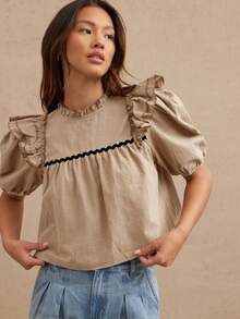 WESTFADE Top de muñeca de estilo occidental con cuello de pico, mangas con volantes y ribete de contraste