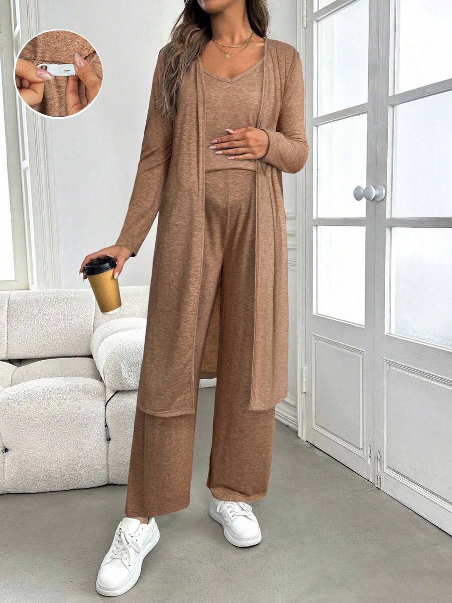 SHEIN 孕妇纯色吊带背心、裤子和前开式外套两件套,秋冬 - 駝色 - 查看 1