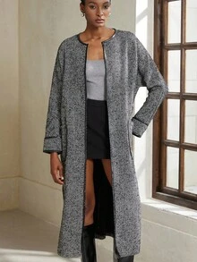 Aveloria Modichic Abrigo largo de mujer con mezcla de lana, con bolsillos y ribete de contraste en las mangas largas