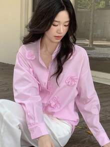 Modelyn Áo cánh trơn màu thanh lịch họa tiết hoa 3D dành cho nữ, Trở lại trường, Trở lại trường, Áo thu, Phụ nữ mùa thu, Mùa thu, Mùa thu - Màu Khaki - Xem 3