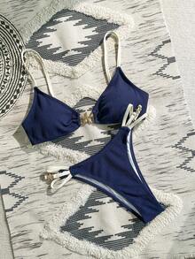 Swim Chiccia Women's Elegant Sexy Beach Vacation Party Swimsuit Set, Metallic Starfish Decor Triangle Cup Bikini, Textured Fabric Navy Blue & Apricot Swimsuit Set - Navy Blue - View 3