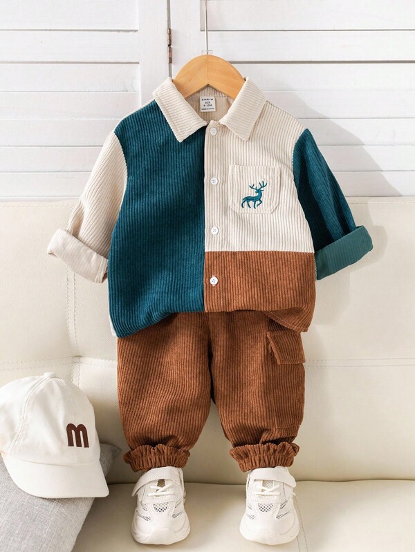 SHEIN 2 件套男婴休闲可爱圣诞绿色鹿图案拼色灯芯绒领夹克衬衫和松紧腰工装裤套装，圣诞节男女通用婴儿服装，婴儿冬装