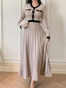 DAZY 女式优雅拼色圆领毛衣裙，秋季 - 杏色 - 查看 6