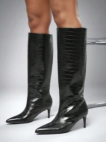 SHUZIA 女式低跟简约基本款日常舒适PU黑色高跟靴 - 黑色 - 查看 2