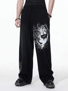 ROMWE MEN Goth Men's Dark Face & Spider Web Print Sweatpants Halloween - Black - View 10