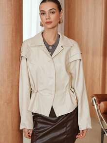 SHEIN Unity Avenne Elegant PU Leather Casual Solid Color Long Sleeve Button Women Jackets - Apricot - View 4