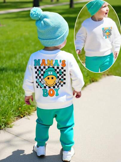 SHEIN Playful Pals 2 件男婴夏季休闲可爱棋盘格脸“MAMA'S BOY”字母印花短袖圆领卫衣和运动裤，秋冬新品，婴儿服装，男婴冬装