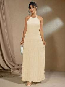 Flirla 大码纹理雪纺多层浪漫细肩带露背吊带连衣裙