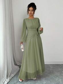 Elenzga Women's Spring/Summer French Romantic Sicily Elegant Casual Commute Vacation Afternoon Tea Party Round Neck Ruched Waist Drawstring A-Line Elastic Waist Long Sleeve Maxi Dress Fall Cloth For Women - Army Green - View 4