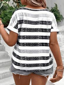 INAWLY Plus Size V-Neck Short Sleeve Gradient Striped Print Casual Versatile Summer T-Shirt - Multicolor - View 2