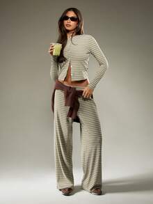 MISSGUIDED Sophisticated Striped Co-Ord Set Long Sleeve Button Front Crop Top Wide Leg Palazzo Pants Set Fall Winter Casual Loungewear Outfit - Multicolor - View 1
