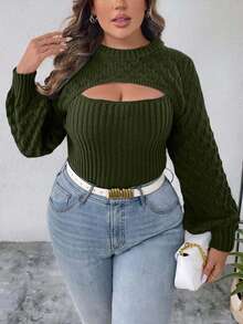 EURMUSE 大码女式秋季圆领修身性感镂空针织毛衣，柳叶花卉提花纯色常规小灯笼袖蓝色套头衫 - 軍綠色 - 查看 4