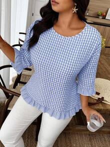Weeklong Plus Size Women's Round Neck 3/4 Sleeve Plaid Ruffle Hem Casual Shirt Fall - Baby Blue - View 1