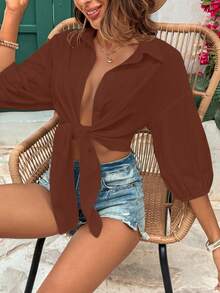 EMERY ROSE Tie-Front Textured Woven Shirt, Spring/Summer - Coffee Brown - View 7