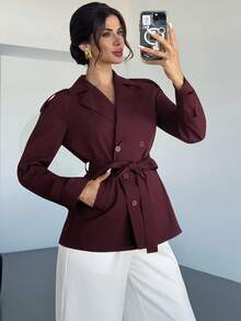 Firerie Women's Burgundy Lapel Long-Sleeved Double-Breasted Casual Trench Coat, Autumn And Winter Coat / Intellectual And Elegant Female / Daily Outing / Commuting Wear / Business Negotiations / Airport Wear,Fall - Burgundy - View 2