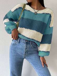 EMERY ROSE Casual Colorblock Striped Cropped Sweater, Autumn/Winter Fall Cloth For Women - Multicolor - View 5