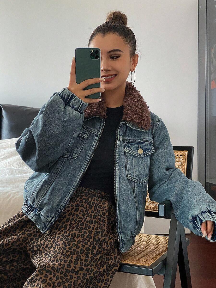 DAZY Chaqueta casual de invierno con cremallera y cuello de peluche para mujer - Azul - Ver 1