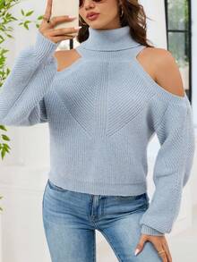 SHEIN Tall Suéter holgado de mujer de cuello alto y hombros descubiertos de manga larga, para otoño/invierno
