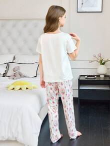 SHEIN Romantic Countryside Bunny Print Knit Short Sleeve & Pants Girls Pajama Set - Multicolor - View 2