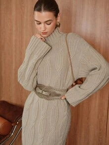 Uhlyne Women's Elegant Casual High Neck Solid Color Vintage Cable Knit Dress, Autumn/Winter - Apricot - View 5