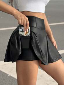 SHEIN Teen Girl High Waist PU Leather Skirt, Sports 2 In 1 Skirt, Versatile Casual Anti-Exposure Shorts Skirt With Lining Black Mini Skirt Teen Girl Skirt Cute Skirt Leather Skirt Outfit
