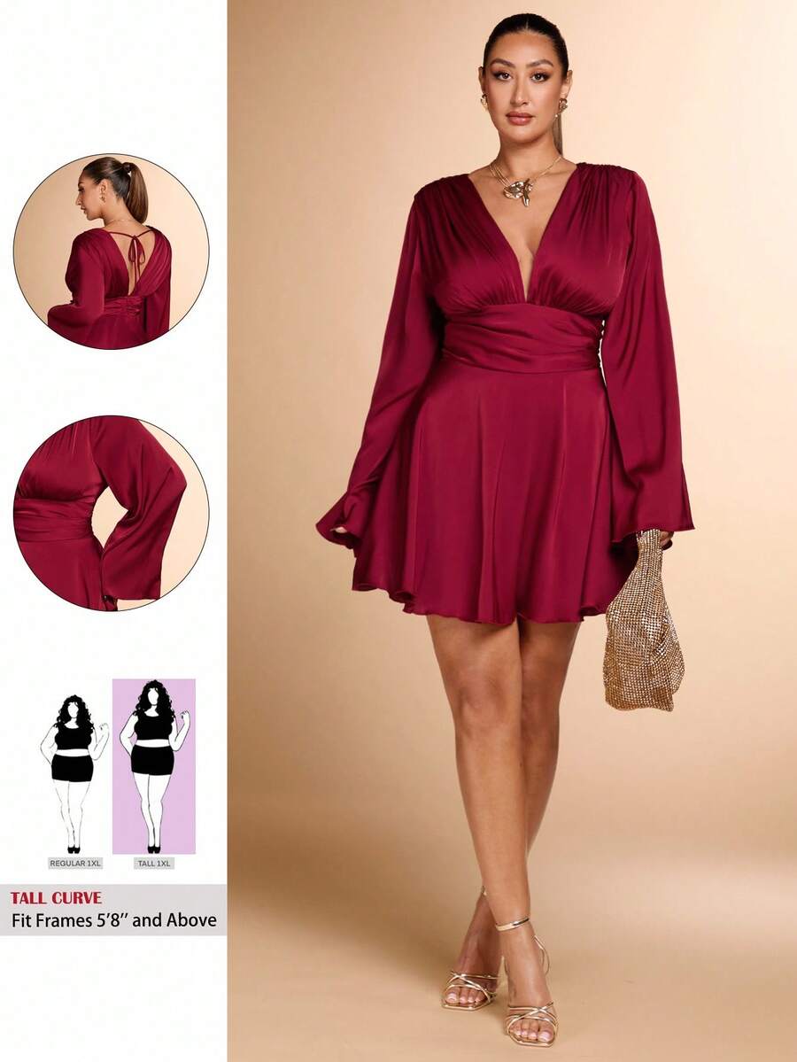 SHEIN Tall CURVE Váy chữ A cổ chữ V bằng vải satin đỏ cỡ lớn phù hợp cho các bữa tiệc và hẹn hò Váy ngắn, trang phục Halloween cho phụ nữ, quần áo mùa đông cho phụ nữ, váy dài tay - Màu Đỏ Sâu - Xem 1