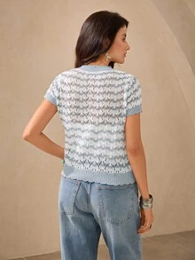 Wildy Blusa de verano de mujer con contraste de color, manga corta, calada, de punto, blusas de verano, blusas lindas, blusas azul y blanco, blusas casuales de mujer, blusas de manga corta, blusas transparentes, blusas lindas de manga corta, blusas de ganchillo, blusas a rayas - Café integral - Ver 2