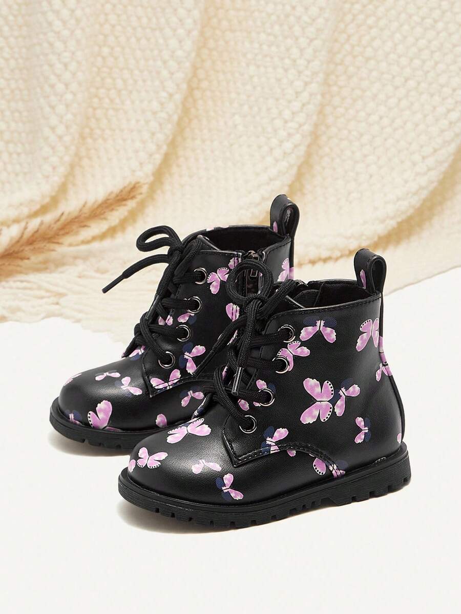 SHEIN 1 双秋冬时尚可爱田园蝴蝶图案舒适耐用女婴踝靴 - 黑色 - 查看 1