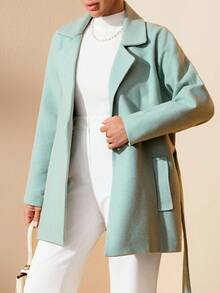 EURMUSE 女士纯色长袖系带大衣，秋冬简约风格 - 薄荷綠 - 查看 1