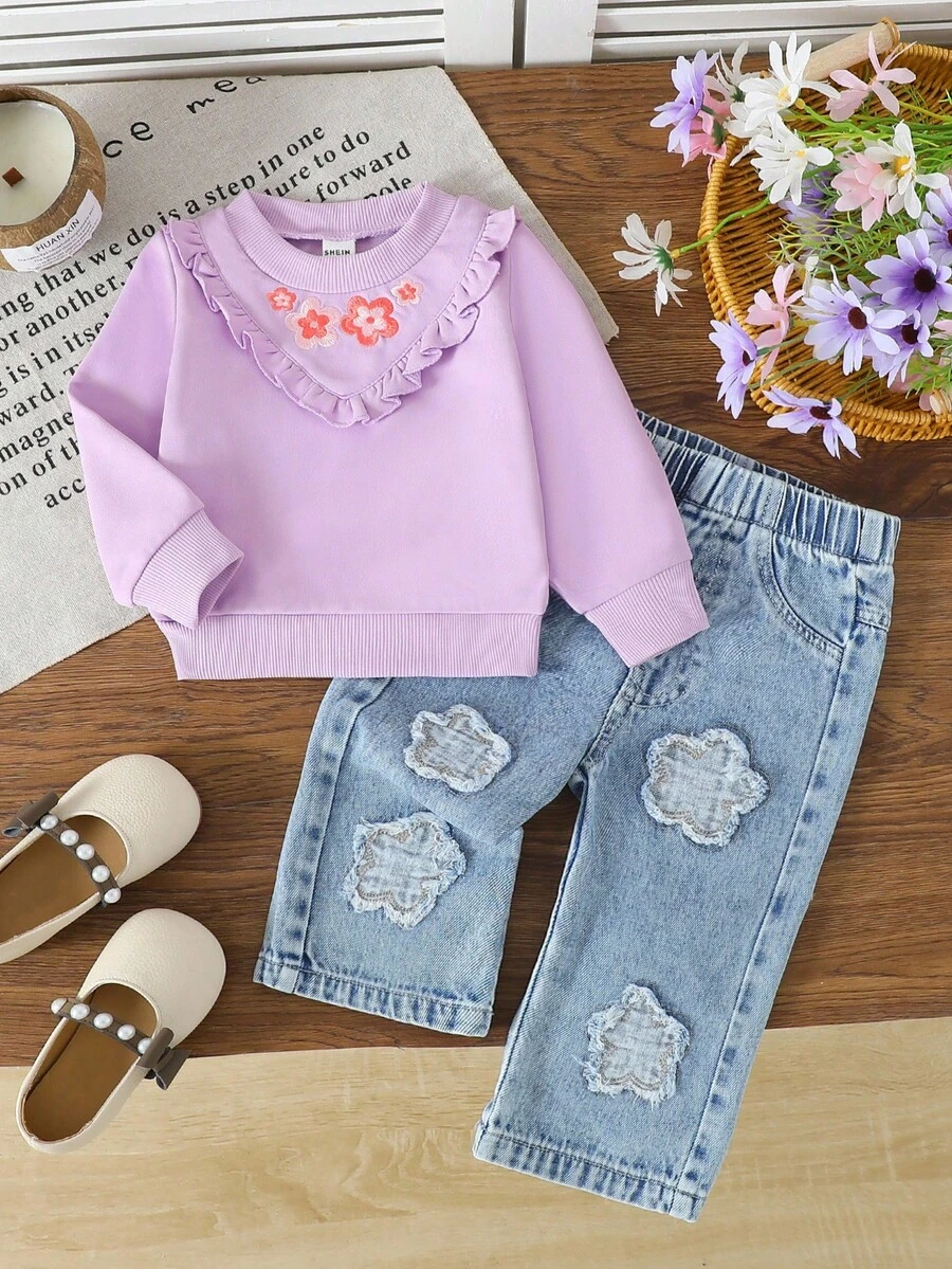 SHEIN مجموعة بناطيل جينز وبلوزة كم طويل مطرزة بالزهور للبنات الصغار، قطعتان - ارجواني بنفسجي - مشاهدة 1