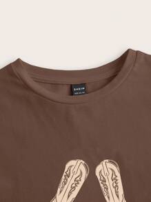 Casual Simple Boot Printed Round Neck Short Sleeve Slim Fit Crop Top T-Shirt For Women, Suitable For Summer