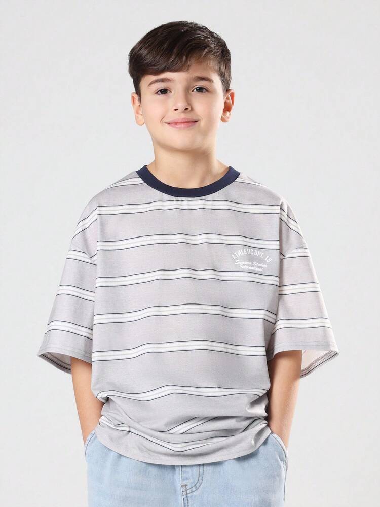 Striped T-Shirt With Chest Print And Navy Trim