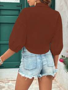 EMERY ROSE Tie-Front Textured Woven Shirt, Spring/Summer - Coffee Brown - View 2