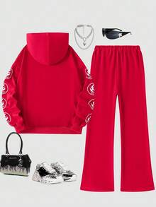 SHEIN ChillGRL Set de 2 piezas de sudadera con capucha y pantalón de chándal estampados, estilo casual punk oscuro para adolescentes - Rojo - Ver 3