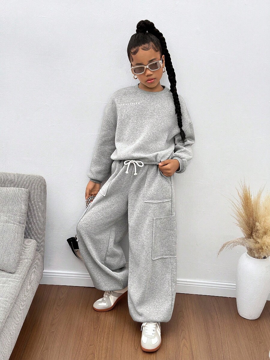 SHEIN 青少年女孩宽松休闲百搭反光印花套头连帽衫和抽绳下摆运动裤套装 - 淺灰色 - 查看 1