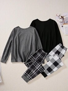 4 件套男童睡衣套装，长袖上衣，撞色袖口和条纹下装，舒适睡衣，设计简洁百搭（单独出售 2 套）男童休闲套装，返校时尚青少年男童睡衣套装