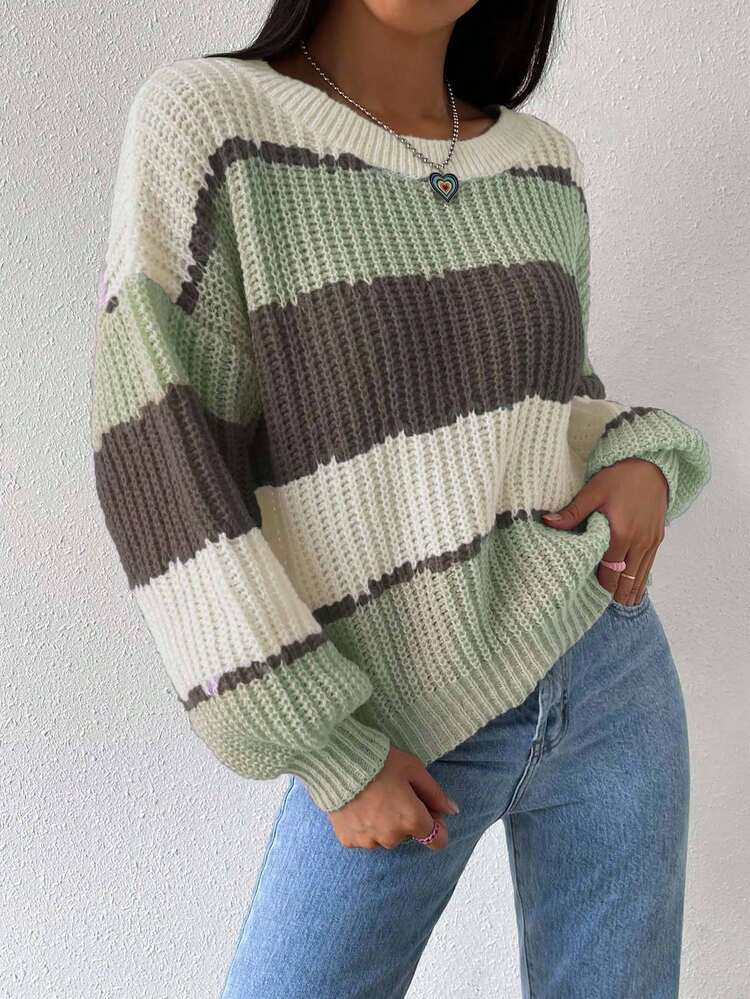 EMERY ROSE Women's Casual Loose Fit Contrast Color Round Neck Drop Shoulder Long Sleeve Sweater, Autumn - Multicolor - View 3